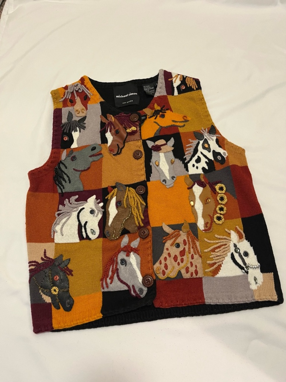 Vintage Michael Simon Women’s Horse Patchwork Sweater Vest